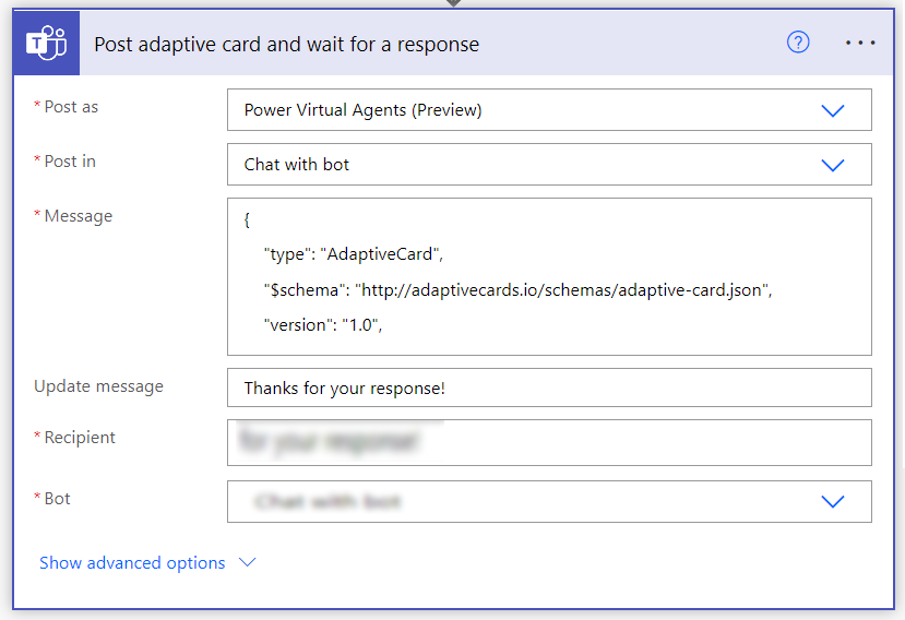 Post adaptive card and wait for response action in Power Automate.