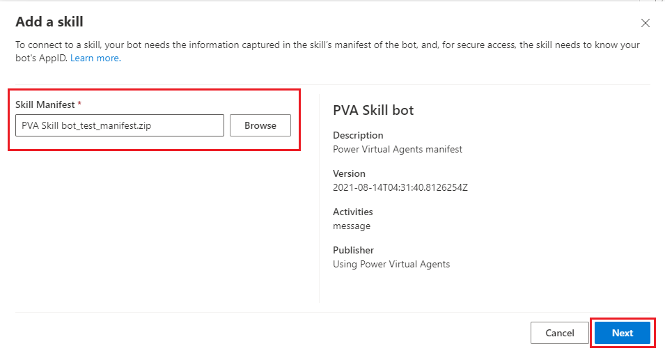 Screenshot of Composer showing where to select a Microsoft Copilot Studio skill zipped archive.