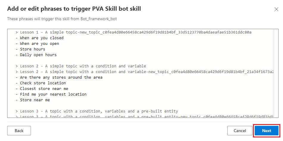 Screenshot of Composer showing where to edit trigger phrases for selected topics.