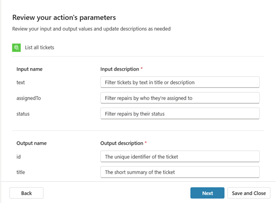 Review action parameters.