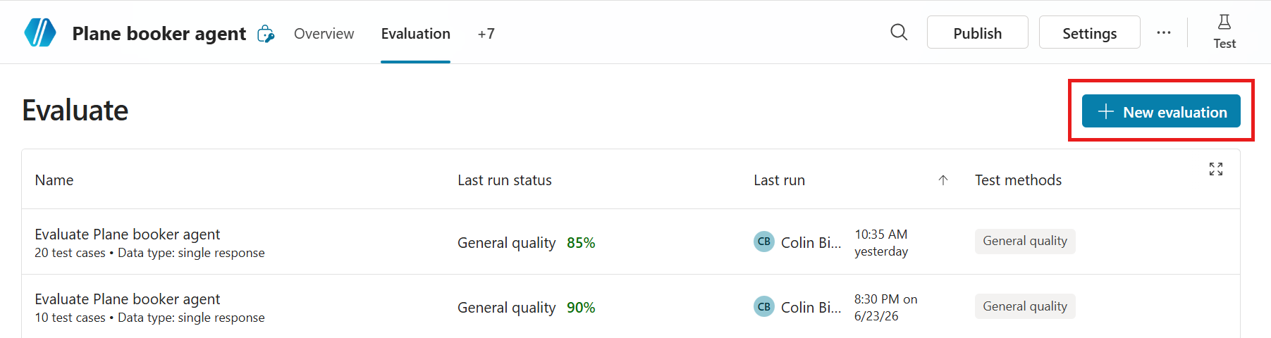 Screenshot showing the Create new test button on the Evaluation page.