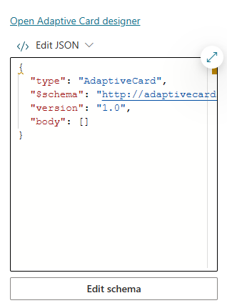 Screenshot of the JSON editor for the Adaptive Card node, with the Expand icon highlighted.