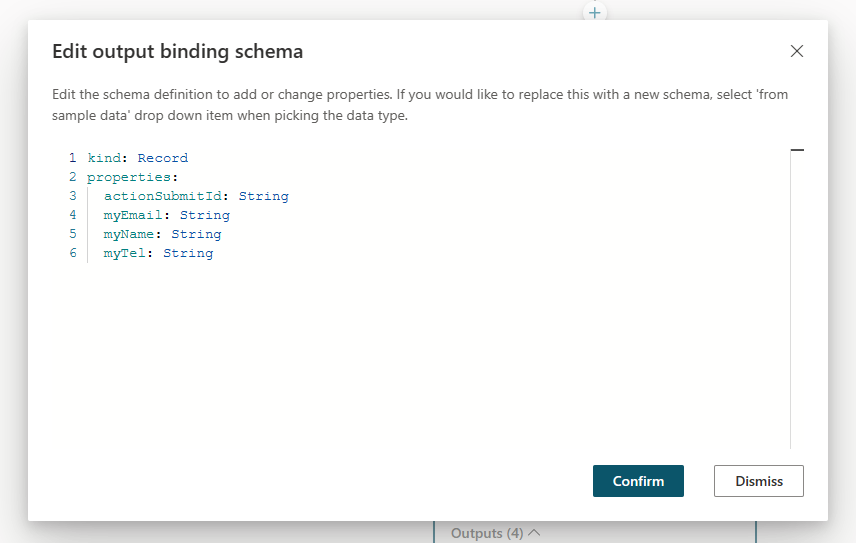Screenshot of the Adaptive Card node schema editor.