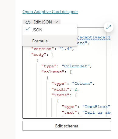 Screenshot of the option to switch to formula instead of JSON on the Adaptive Card node JSON editor.