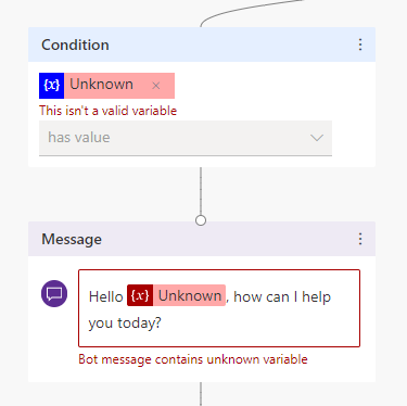 Screenshot of a node with references to an unknown variable, which are marked as red within the message node's text, and indicated with a warning that says Bot message contains unknown variable