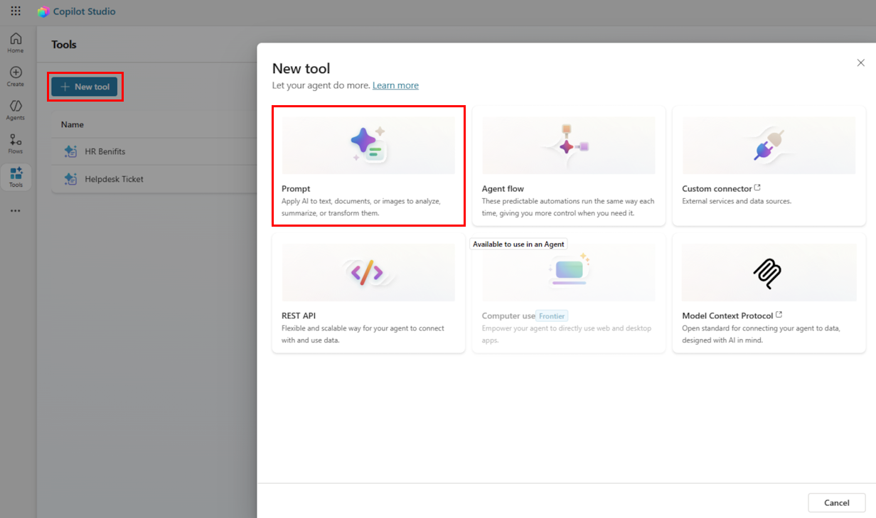 Screenshot of the Copilot Studio tools.