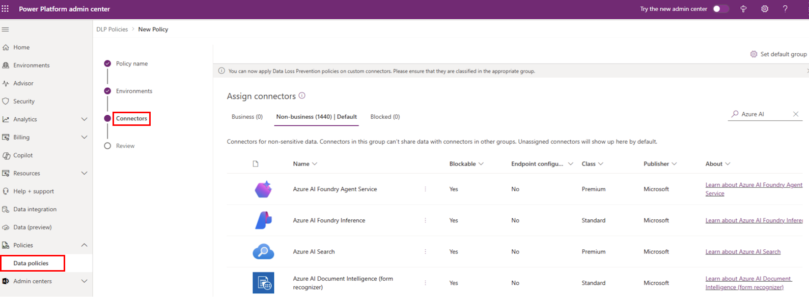 Screenshot of the Power Platform admin center 'Data policies' page.