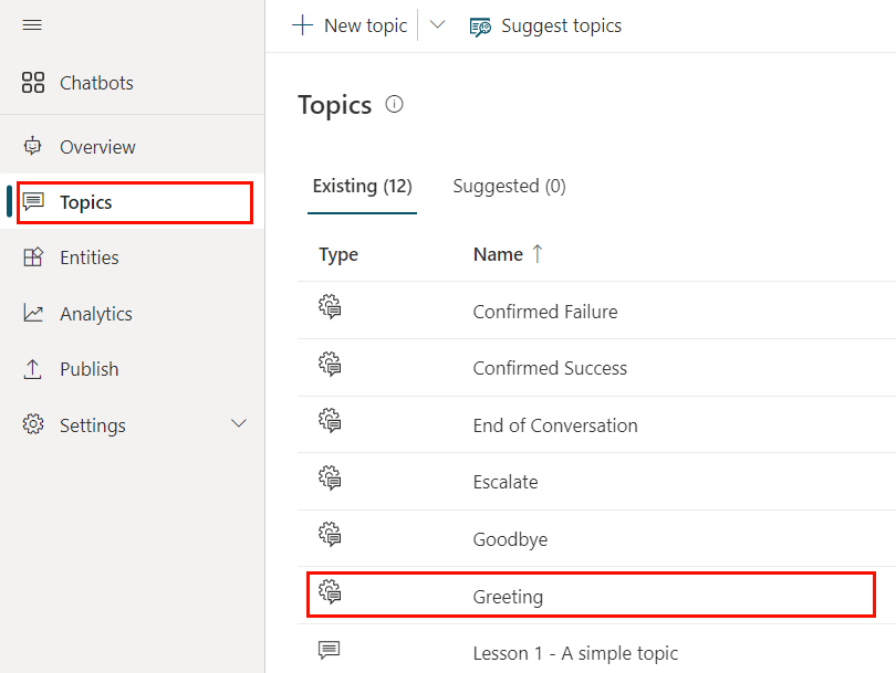 Screenshot of the Topics page, with the Greeting topic highlighted.