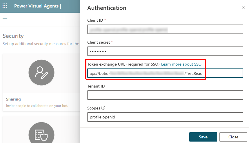 Screenshot of the Application ID URI entered as the Token exchange URL in Copilot Studio.