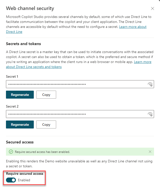 Screenshot showing the Web channel security page.