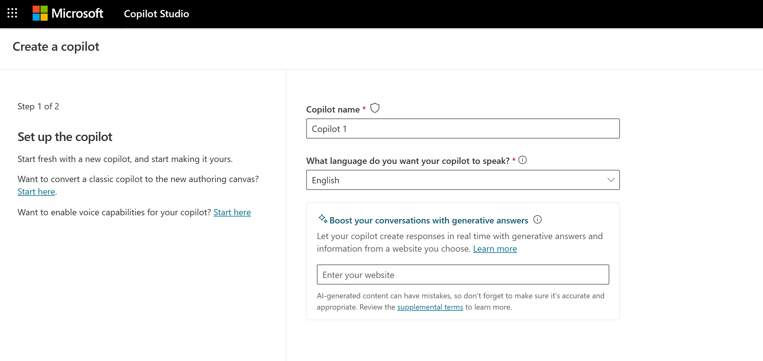 Screenshot of the Create a copilot page with name and language fields.