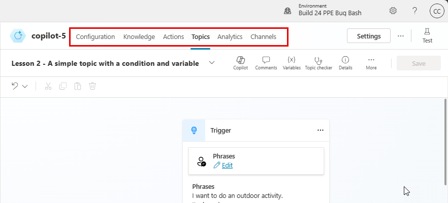 Screen capture of single topic page with emphasis on menu items to select to return to copilot-level navigation.