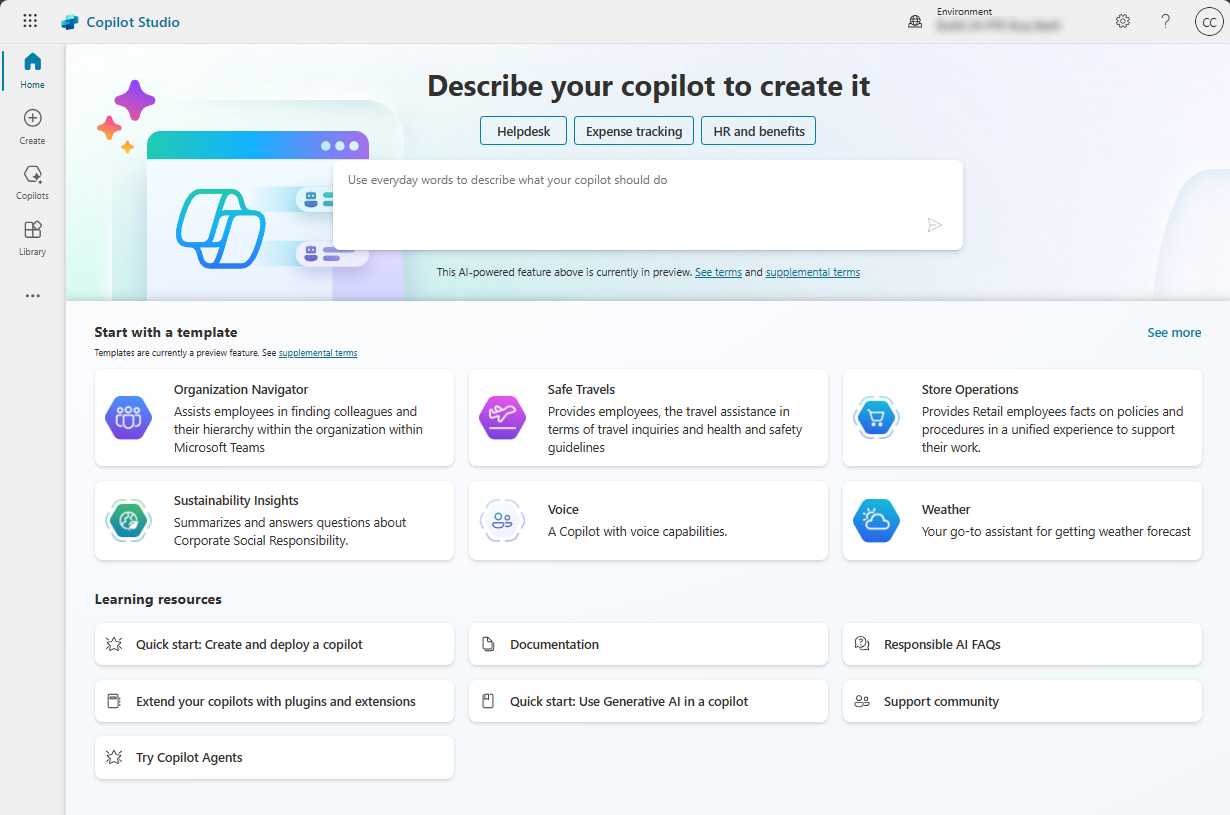 Screenshot of Copilot Studio home page.