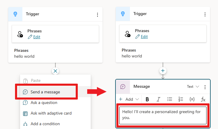 Screenshot that shows how to add a message node and create message text.