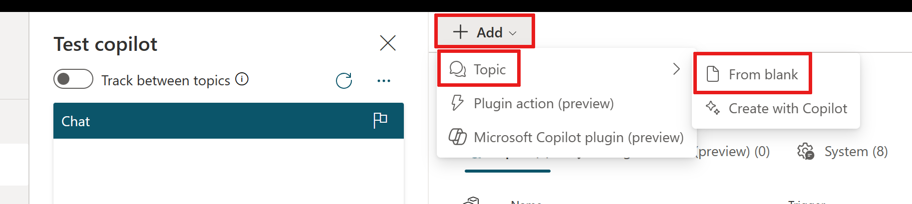 Screenshot that shows you how to add a topic to your copilot.