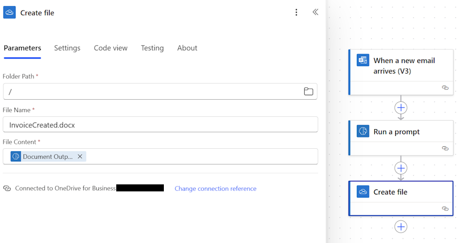 Screenshot of file creation in a flow.