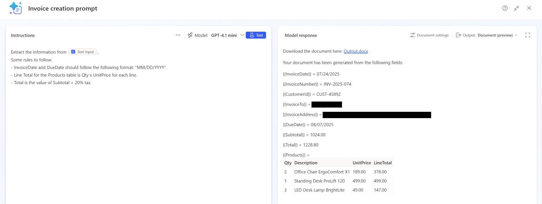 Screenshot of prompt instruction for document creation.