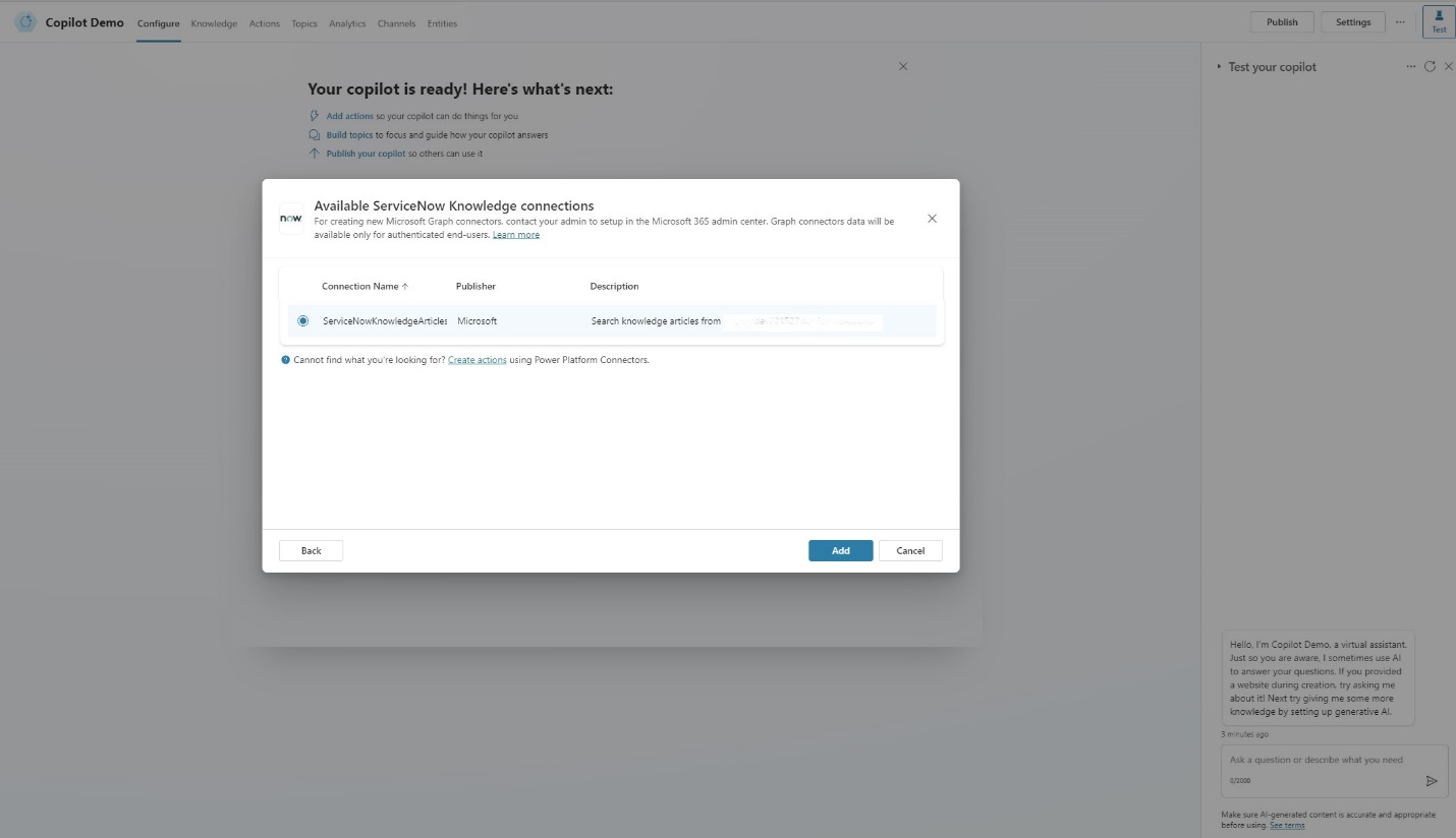 Screenshot of the Available ServiceNow knowledge connections dialog.