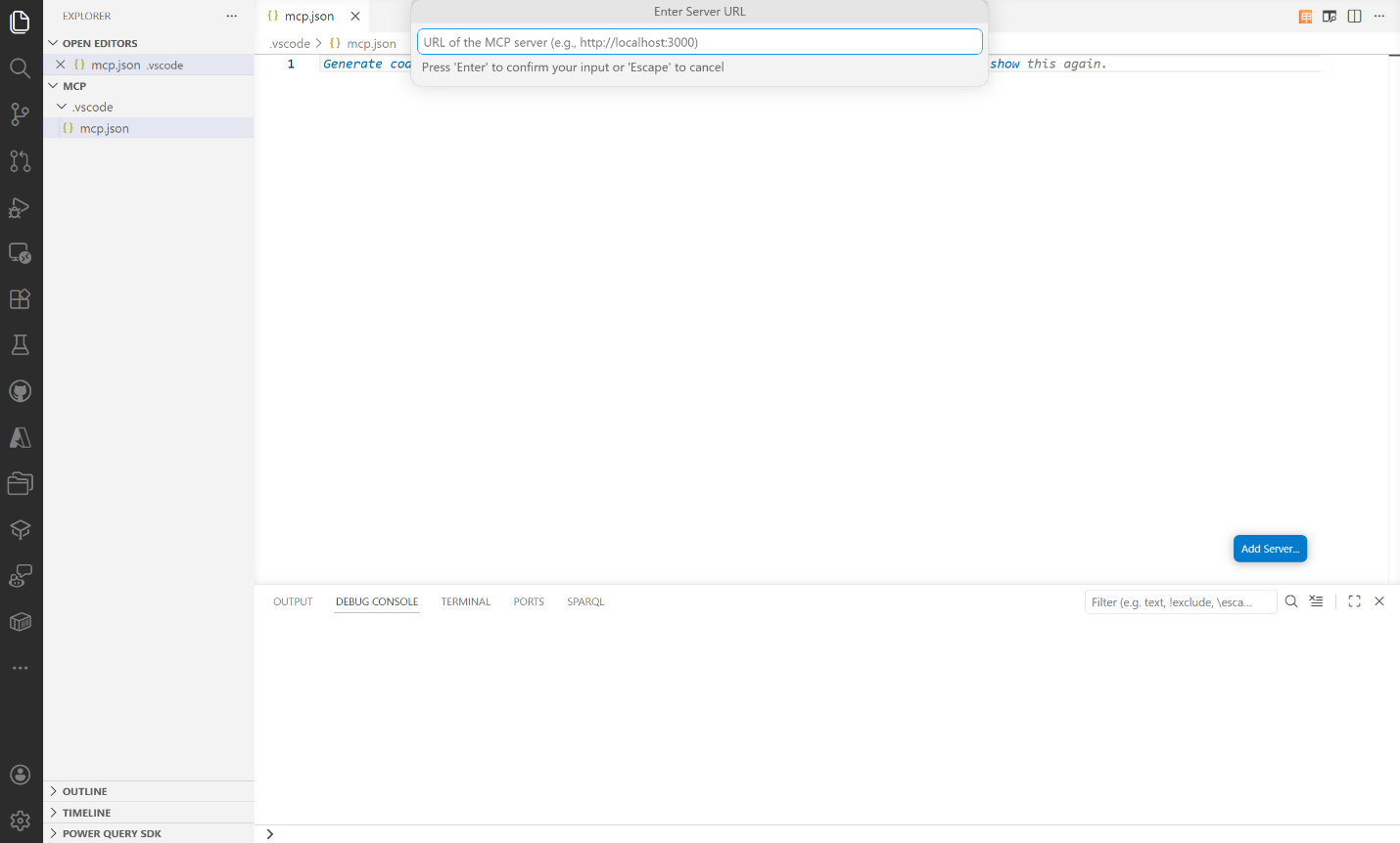 Screenshot showing to enter the URL for MCP server.