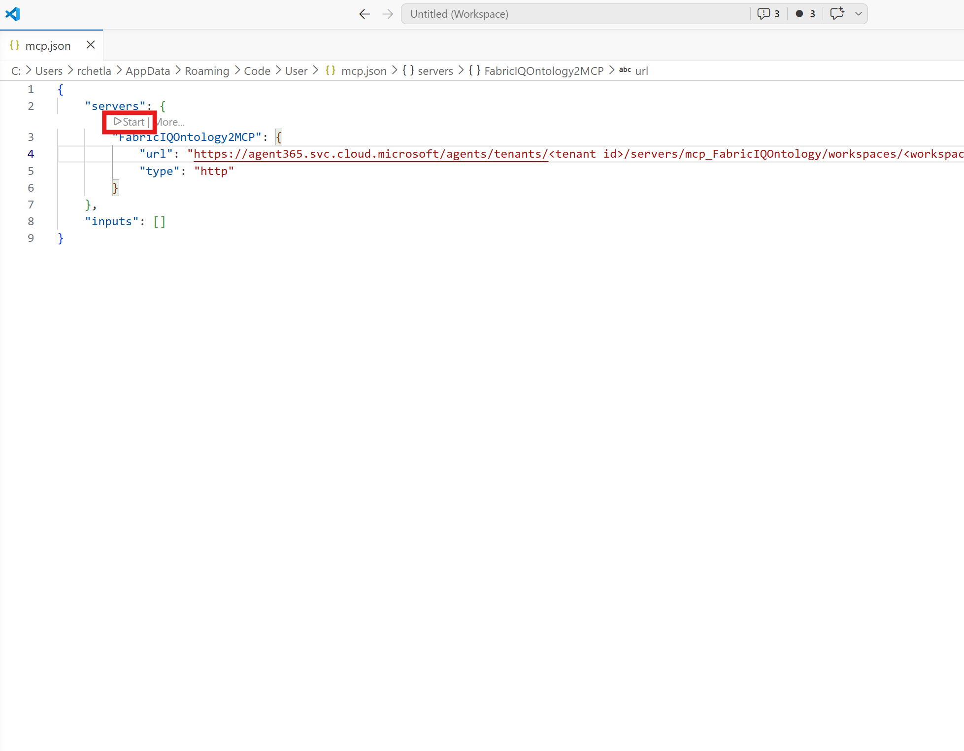Screenshot showing the MCP server starting in VS Code.