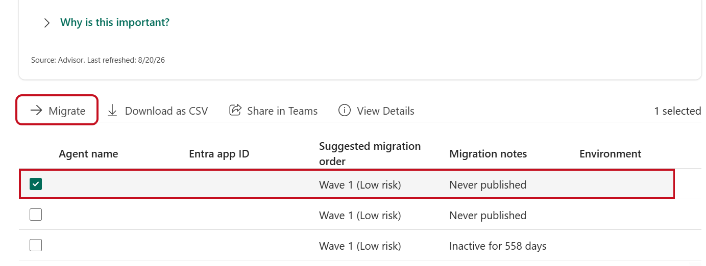 The recommendation action bar with Migrate available and one agent selected.