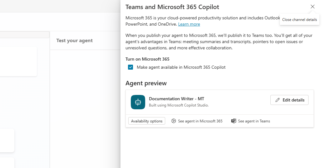 Screenshot of the Teams and Microsoft 365 Copilot channel pane, showing the Availability options button.