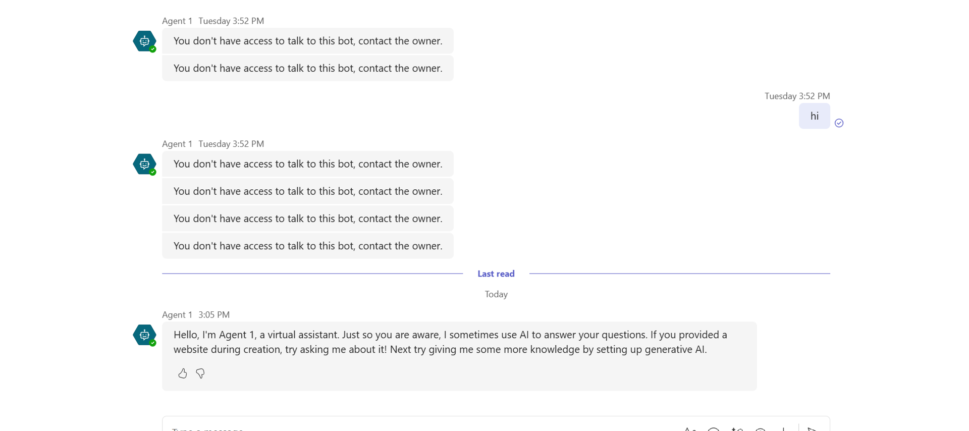 Screenshot of the test pane, showing the agent's response when multitenant mode is not enabled.
