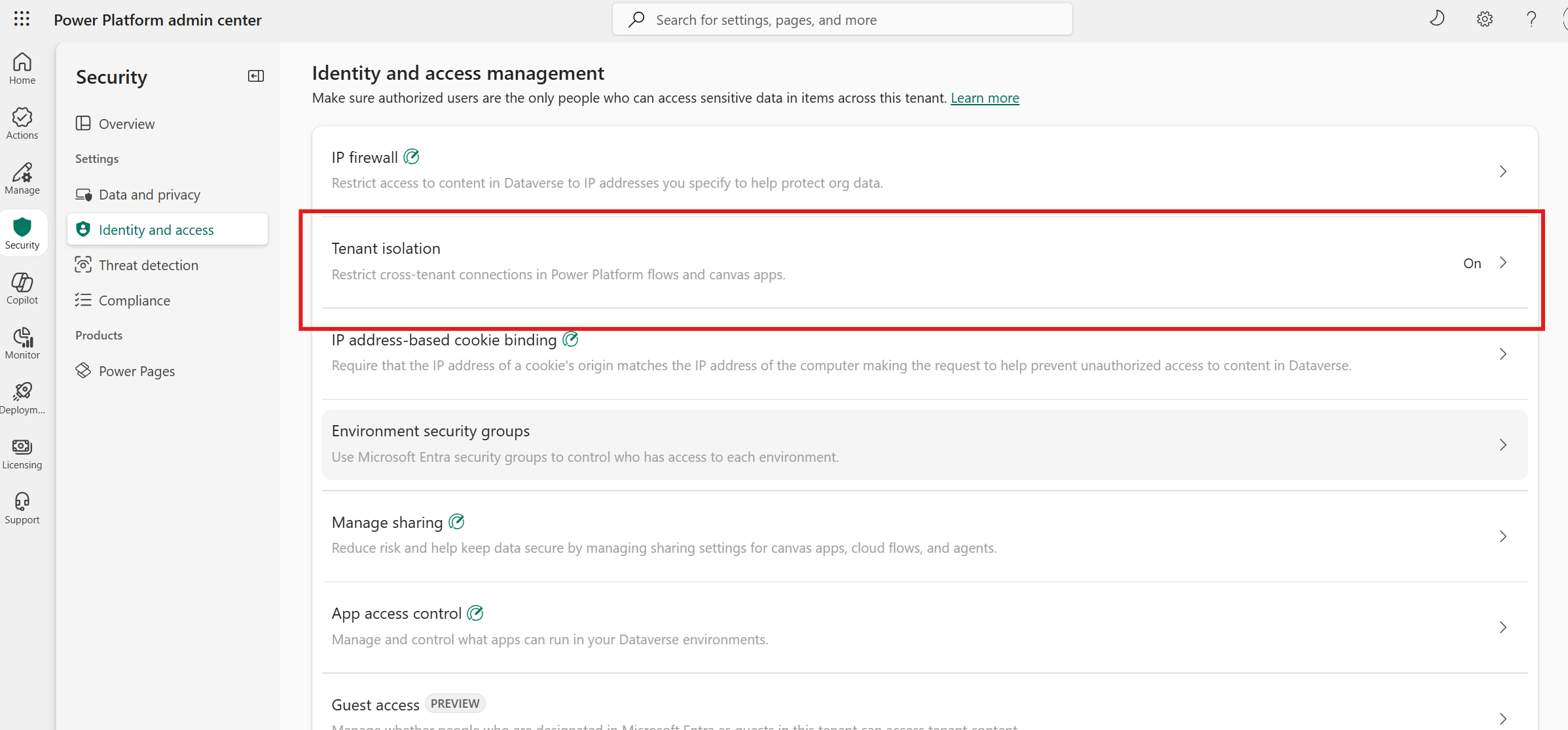 Screenshot of the Security: Identity and access management pane, showing where to enable tenant isolation.
