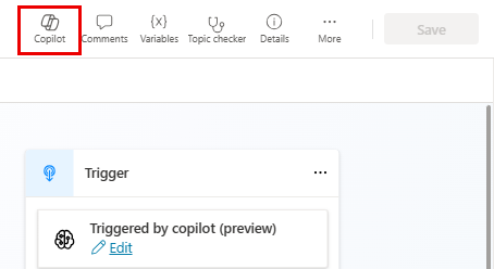 Screenshot of the Canvas page of a topic highlighting the Copilot button.