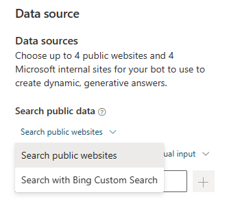 Screenshot showing the Search public data section and Configuration ID boxes highlighted in the generative answers property pane.