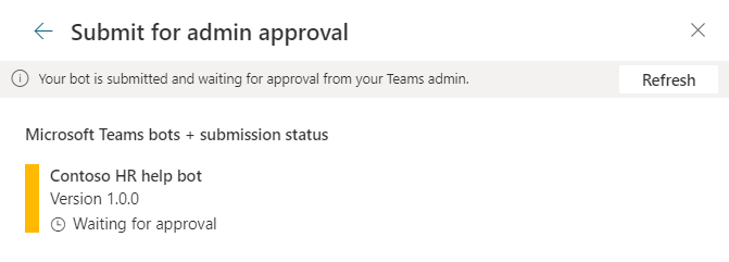 The status has an orange note with information about the status of the submission, including the name of the bot, the version number, and the current status Waiting for approval