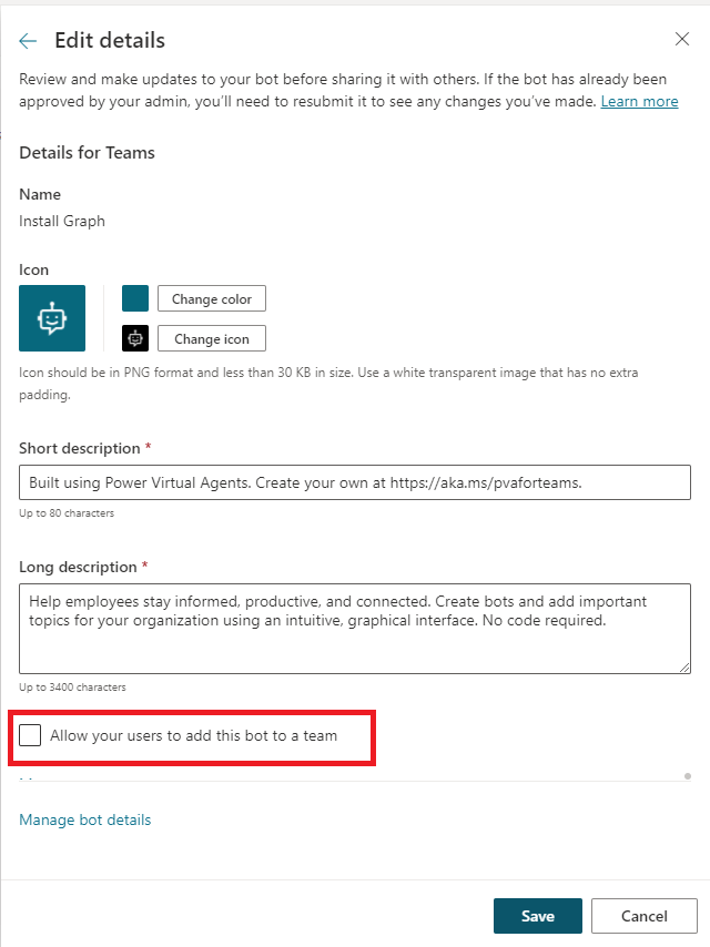 Checkbox is unchecked to disallow user to add bot to teams that they are part of