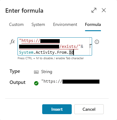Screenshot of Enter formula window showing assignment of URI value to a variable.