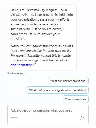 First of two screenshots showing a test of asking the copilot about fugitive emissions in a Sustainability Insights copilot.
