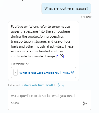 Second of two screenshots showing a test of asking the copilot about fugitive emissions in a Sustainability Insights copilot.