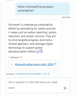Screenshot showing a test of asking the copilot what Microsoft is doing about sustainability in a Sustainability Insights copilot.