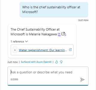 Screenshot showing a test of asking the copilot who Microsoft's chief sustainability officer is in a Sustainability Insights copilot.
