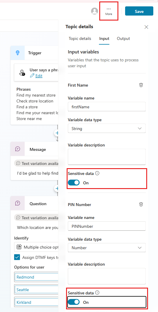 Screenshot of the Copilot Studio authoring canvas, highlighting a topic's Details pane, with a focus on the input and output Sensitive data settings.
