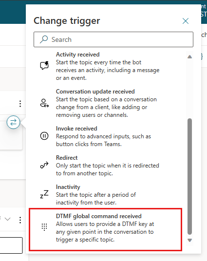 Screenshot of the Change trigger panel with DTMF global command received highlighted.