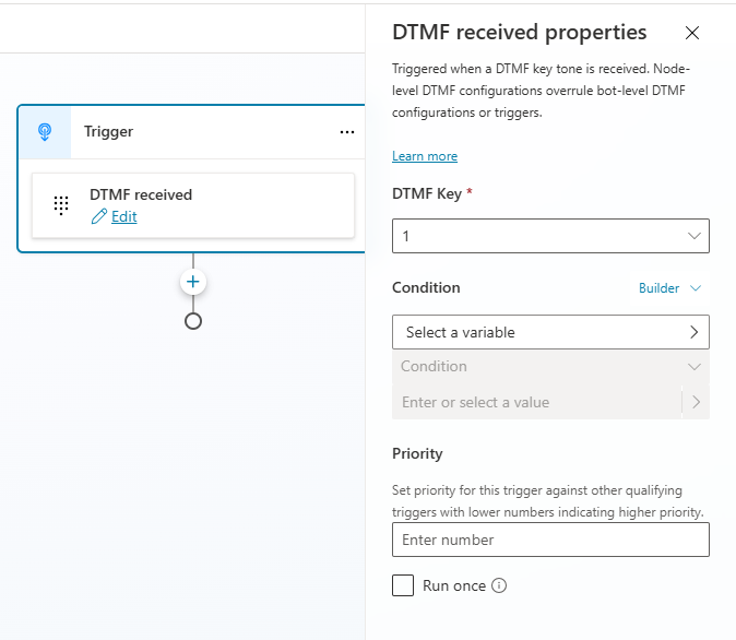 Screenshot of the Change trigger window with the DTMF global command received option selected.