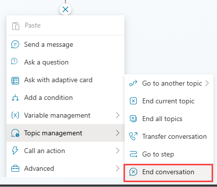 Screenshot of a new node menu with Topic management and End conversation highlighted.