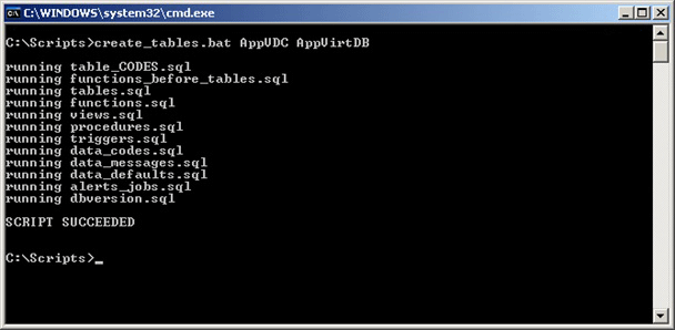 Screenshot of command prompt running create_table.bat with example output.