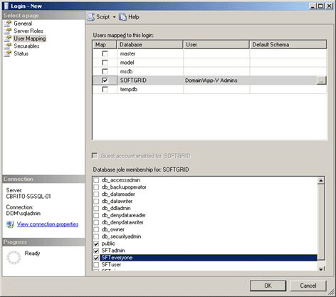 Screenshot of SQL logins with the SOFTGRID login mapped to the SFTadmin and SFTeveryone roles.