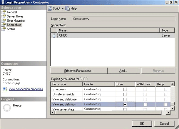 Screenshot of the SQL login properties, Securables page, where the 'View any definition' permission is granted to the CHEC server.