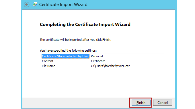 Screenshot show where to select Finish in the Certificate Import Wizard window.