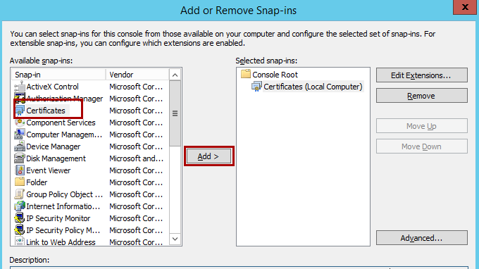 Add or Remove Snap-ins window.