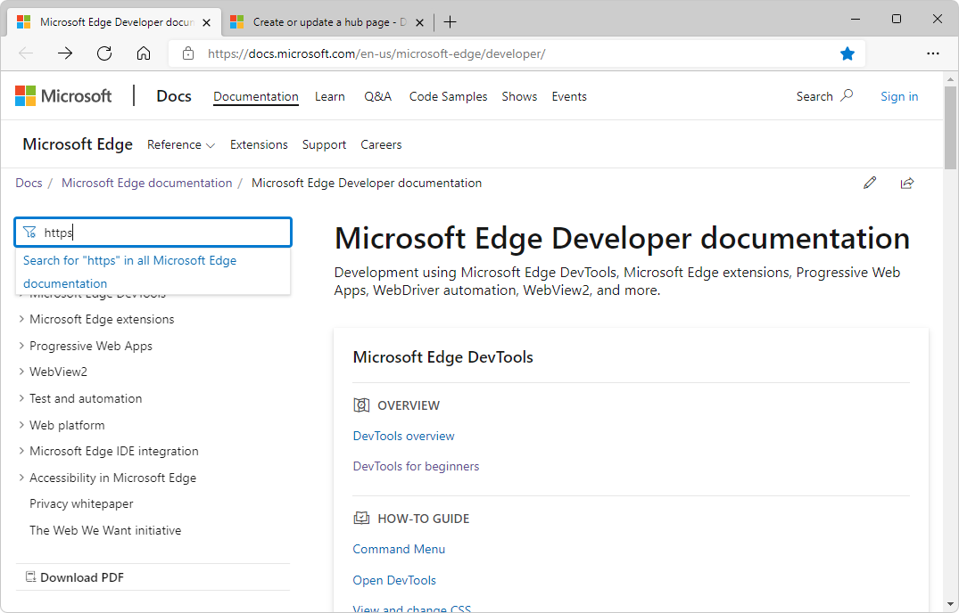 If title word or index term isn't found, an option is provided to full-text search all Microsoft Edge documentation