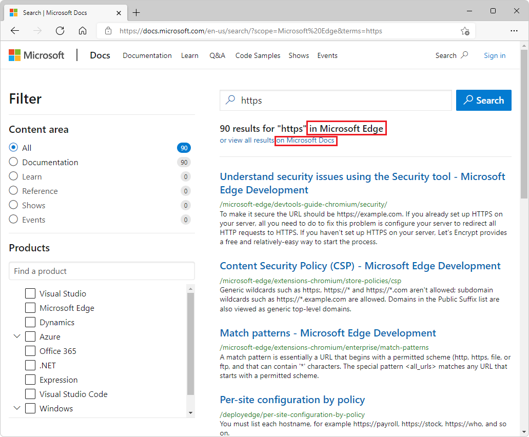 The full-text search page initially searches all Microsoft Edge documentation, or you can click the link 'View all results' for a broader search