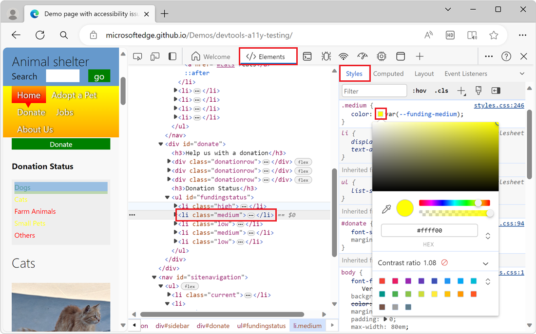 The color picker, opened in the Styles tab, next to the color property of the element