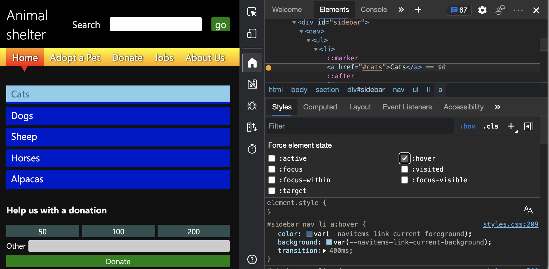 DevTools simulating a hover state